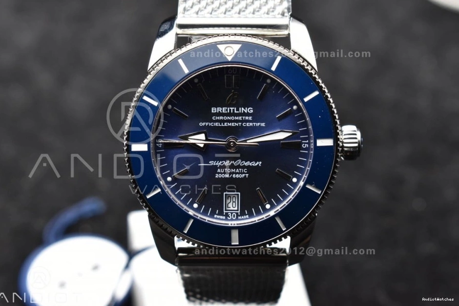Dial 42mm SS Ceramic SS Blue Heritage Fashionable Bezel BLSF Mesh Bracelet 1169 Blue SuperOcean II on A 0402